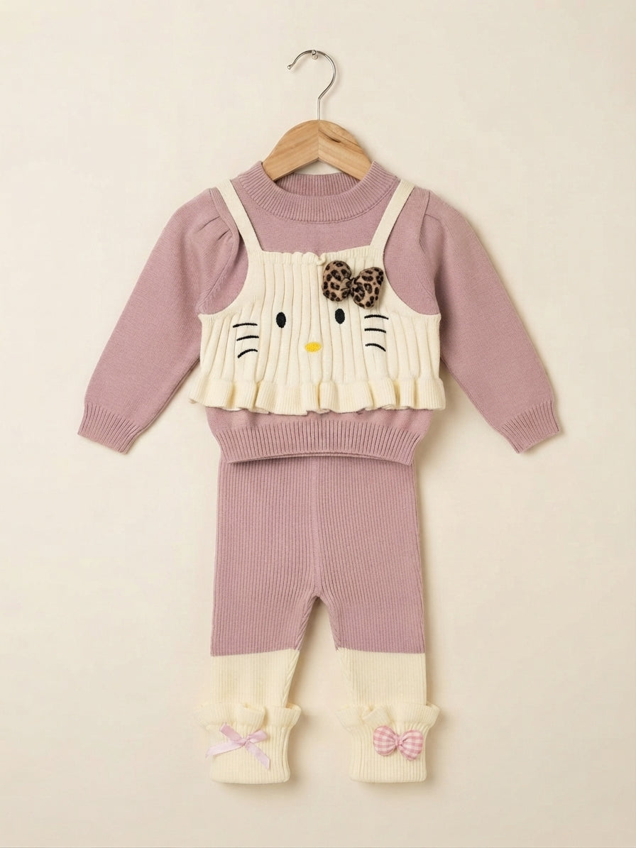 Cute Baby Girls Knitted Crewneck Shirt And Trouser Set With Cute Character Overlay