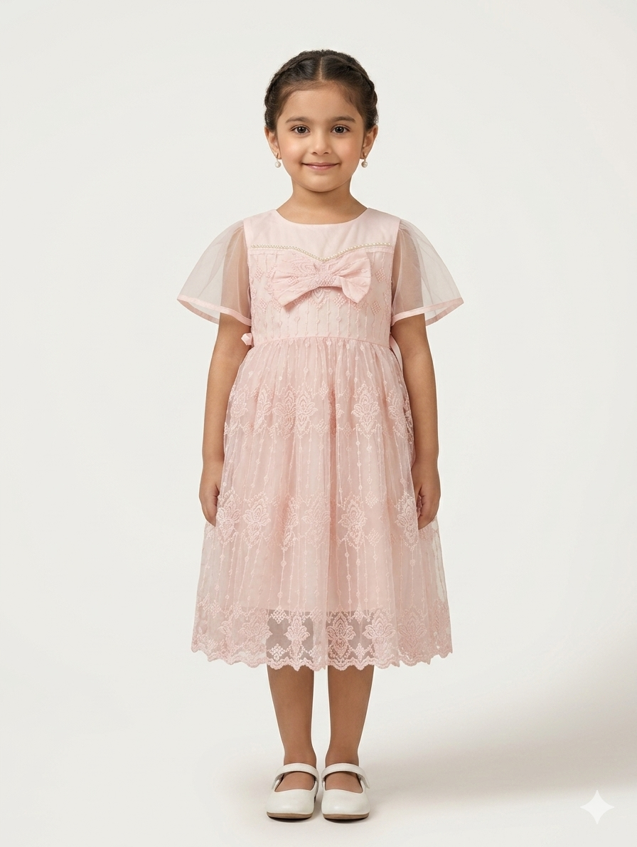 Elegant Girls Embroidered Lace Tulle Party Dress with Bow Accent and Sheer Flutter Sleeves