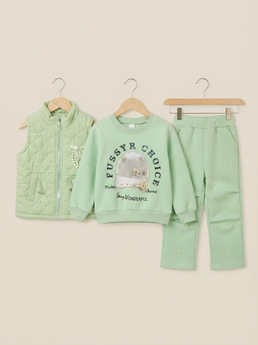 Girls Stylish 3-Piece Winter Outfit Set Featuring Quilted Vest Sweatshirt And Matching Trousers