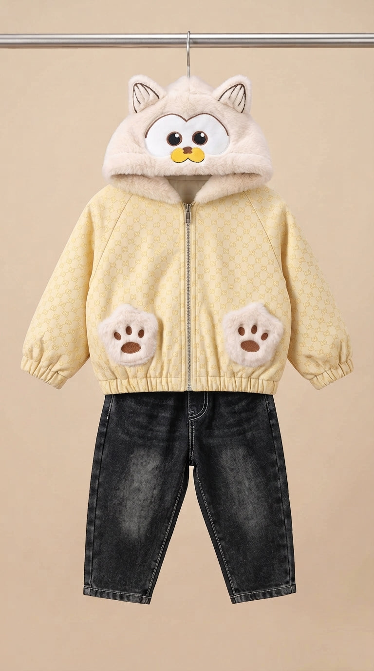 Cute Animal Hooded Jacket With Denim Jeans Winter Outfit For 4 Year Old Boys