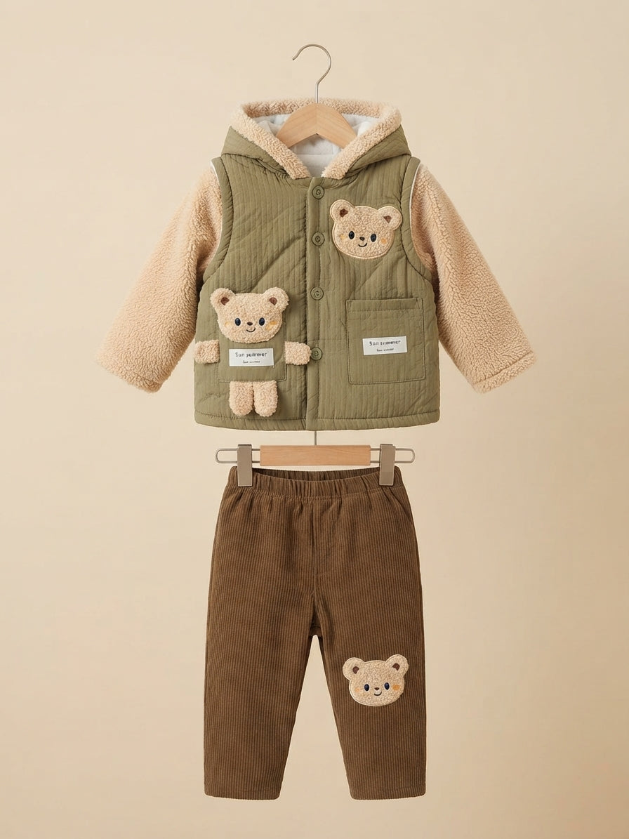 Cute Kids Winter Outfit Set with Hooded Jacket and Matching Brown Pants