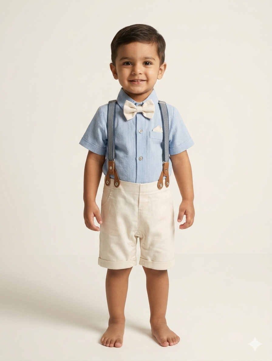 Boys' Formal Chambray Shirt and Shorts Set with Suspender and Bow Tie