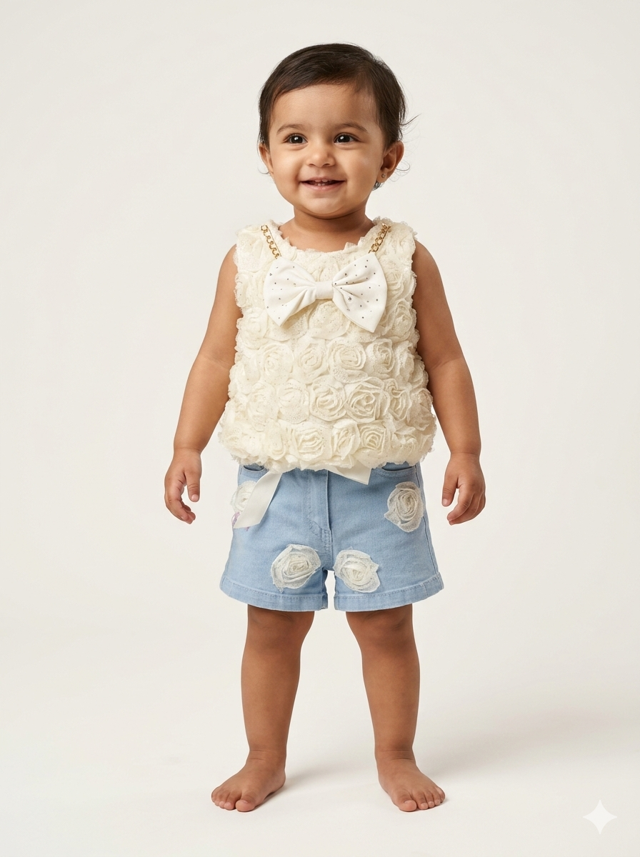 Toddler Girl Floral Rosette Sleeveless Top and Appliqué Denim Shorts Two Piece Summer Outfit Set