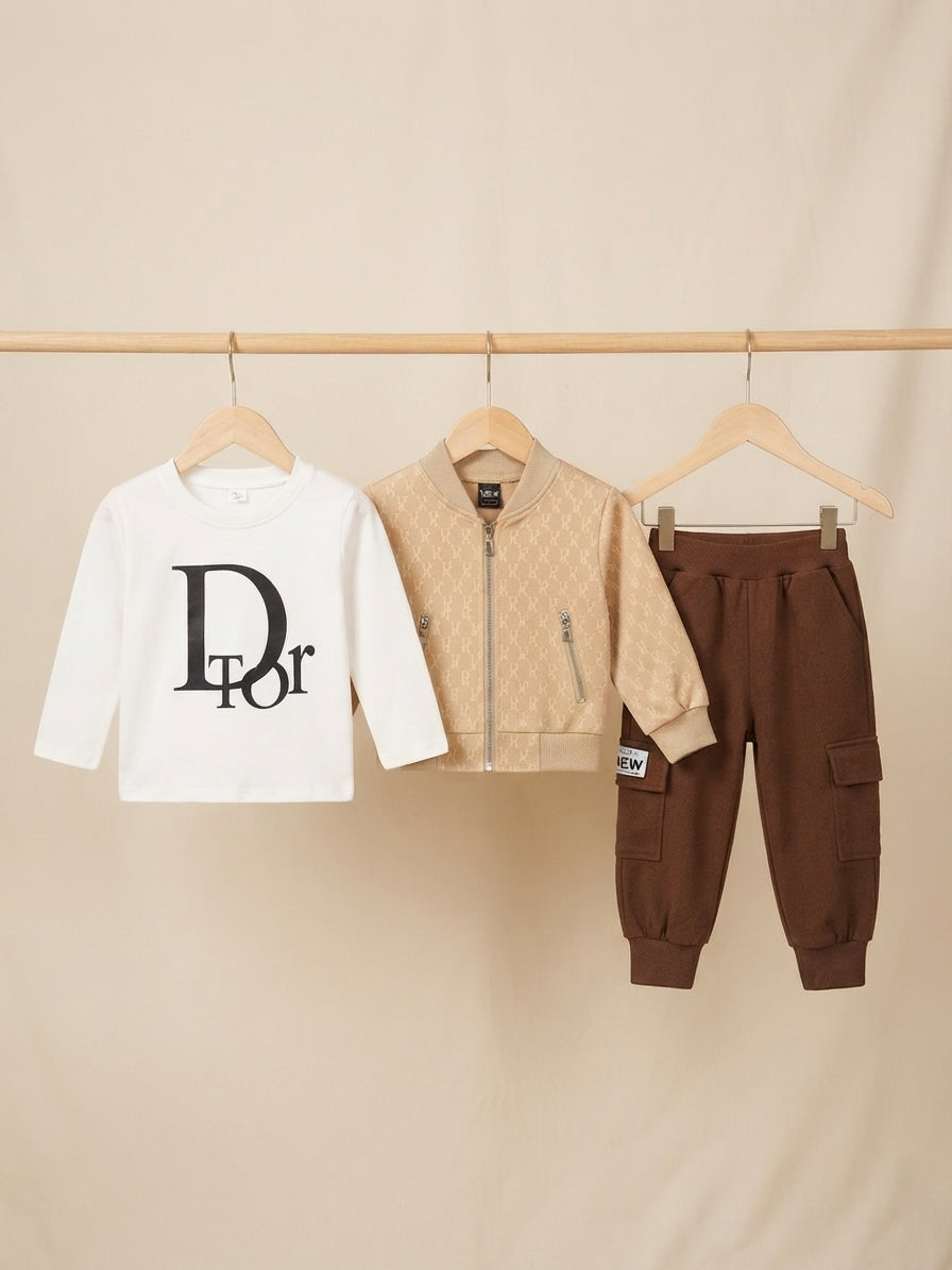 Stylish winter kids tracksuit set featuring a printed shirt warm jacket and cargo trousers