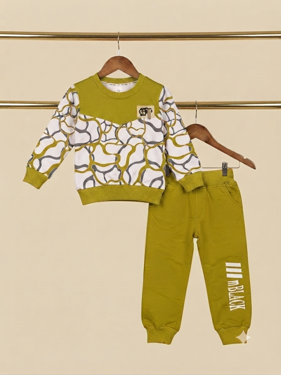 Stylish Organic Line Print Kids Fleece Sweatshirt And Matching Joggers Winter Outfit Set