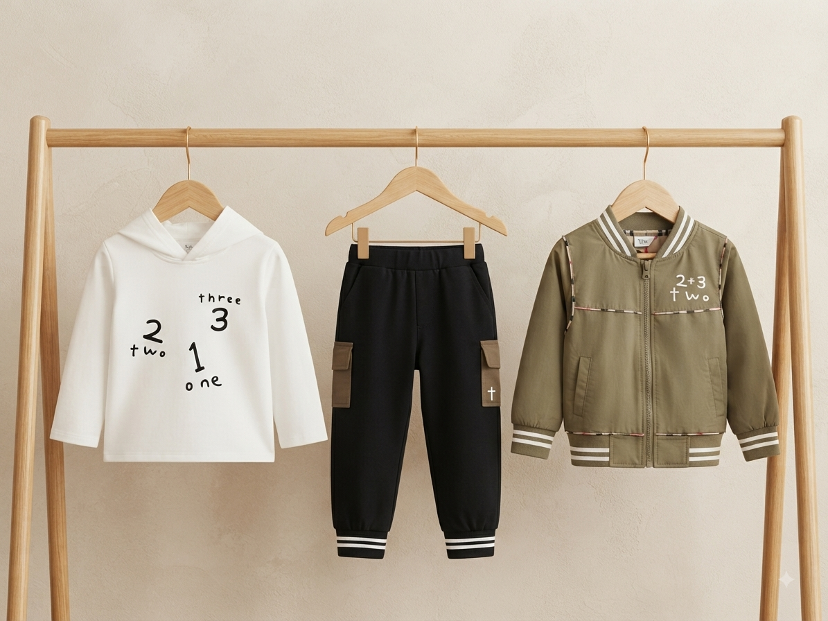 Kids stylish 3-piece winter outfit set featuring hoodie, trouser, and zip-up jacket.