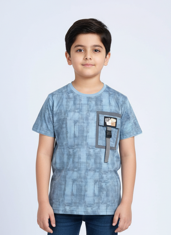 Modern Boys' Olive Green Abstract Textured Tee with Utility Buckle Pocket and Triple-Tone Accents