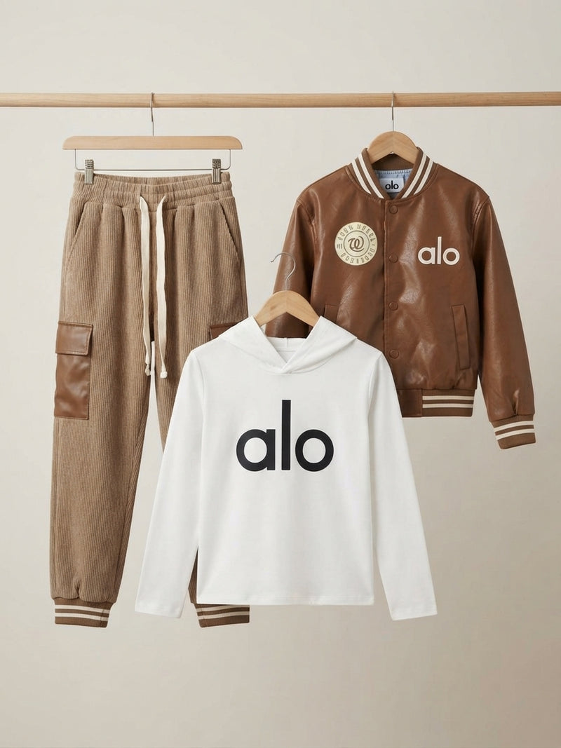 Kids Brand Logo Printed Hoodie Leather Bomber Jacket And Cargo Trouser 3 Piece Outfit Set