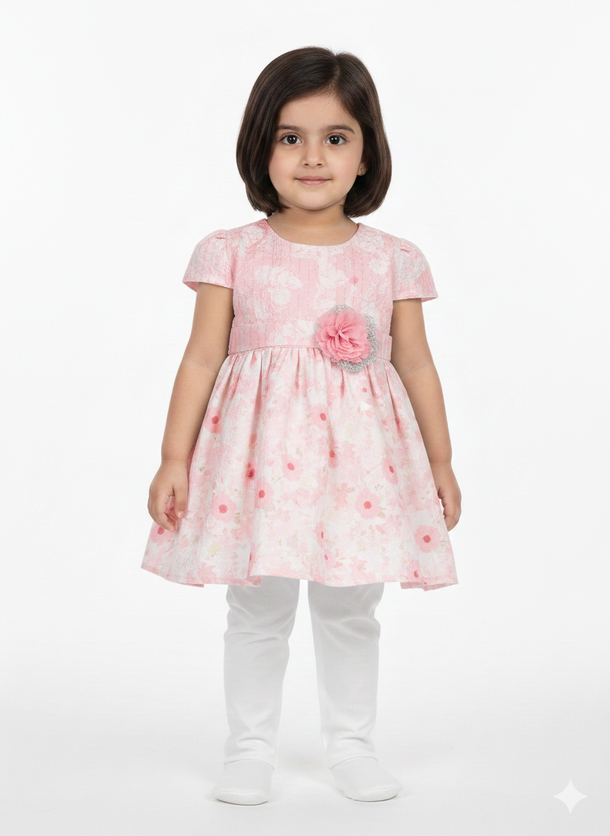 Sweet Girls' Floral Jacquard Empire Waist Dress With 3D Rose Detail And Matching Leggings