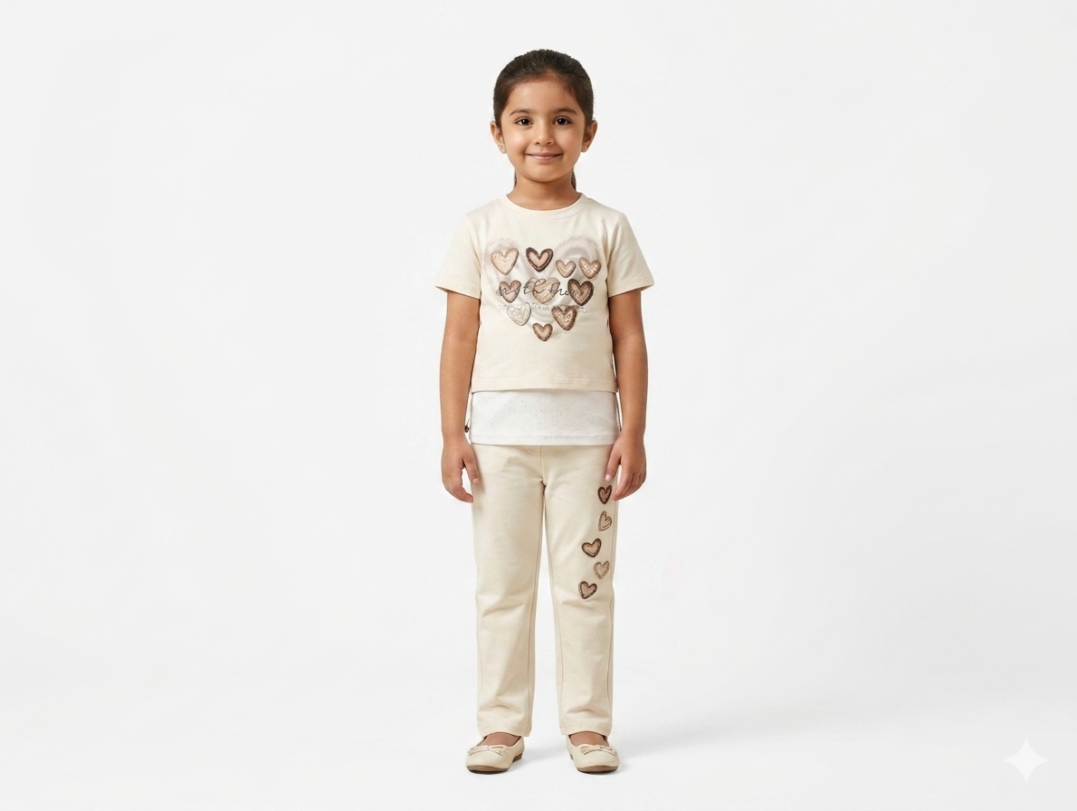 Girls Heart Print Three-Piece Cotton Co-ord Set with Layered Tee and Matching Straight Pants