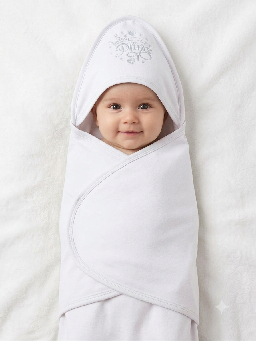 Premium Soft Cotton Hooded Baby Swaddle Blanket With Cute Little Prince Embroidery Design