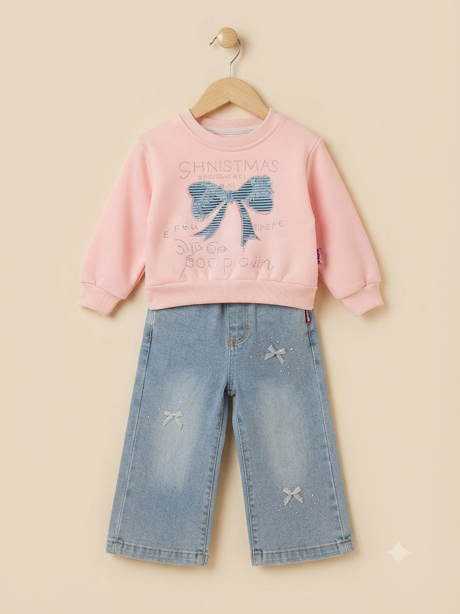 Stylish Girls Bow Graphic Sweatshirt And Full Length Trouser Outfit Set For Kids