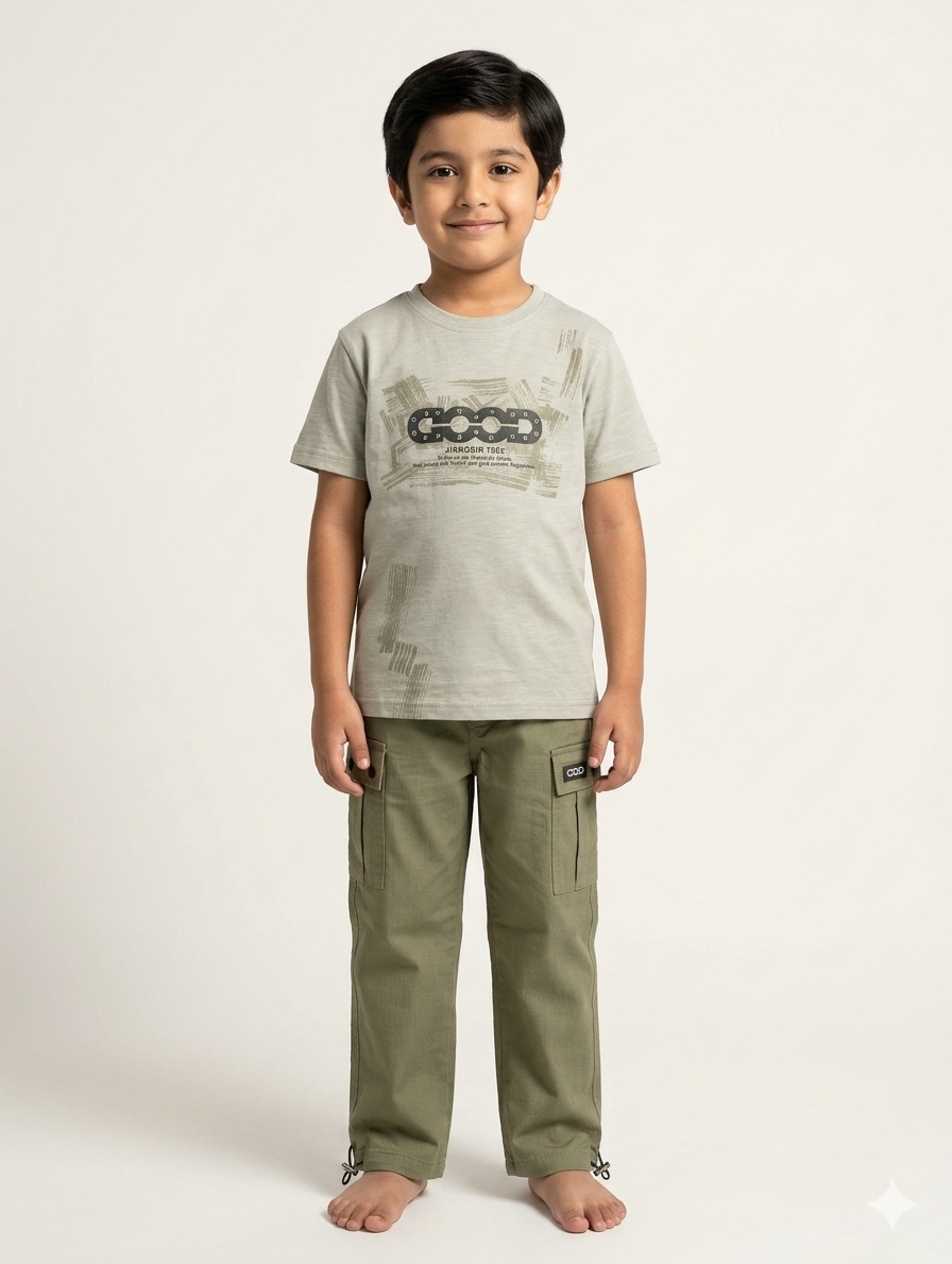 Boys' Earth-Tone Graphic T-Shirt and Rugged Cargo Pants Two-Piece Casual Everyday Summer Outfit