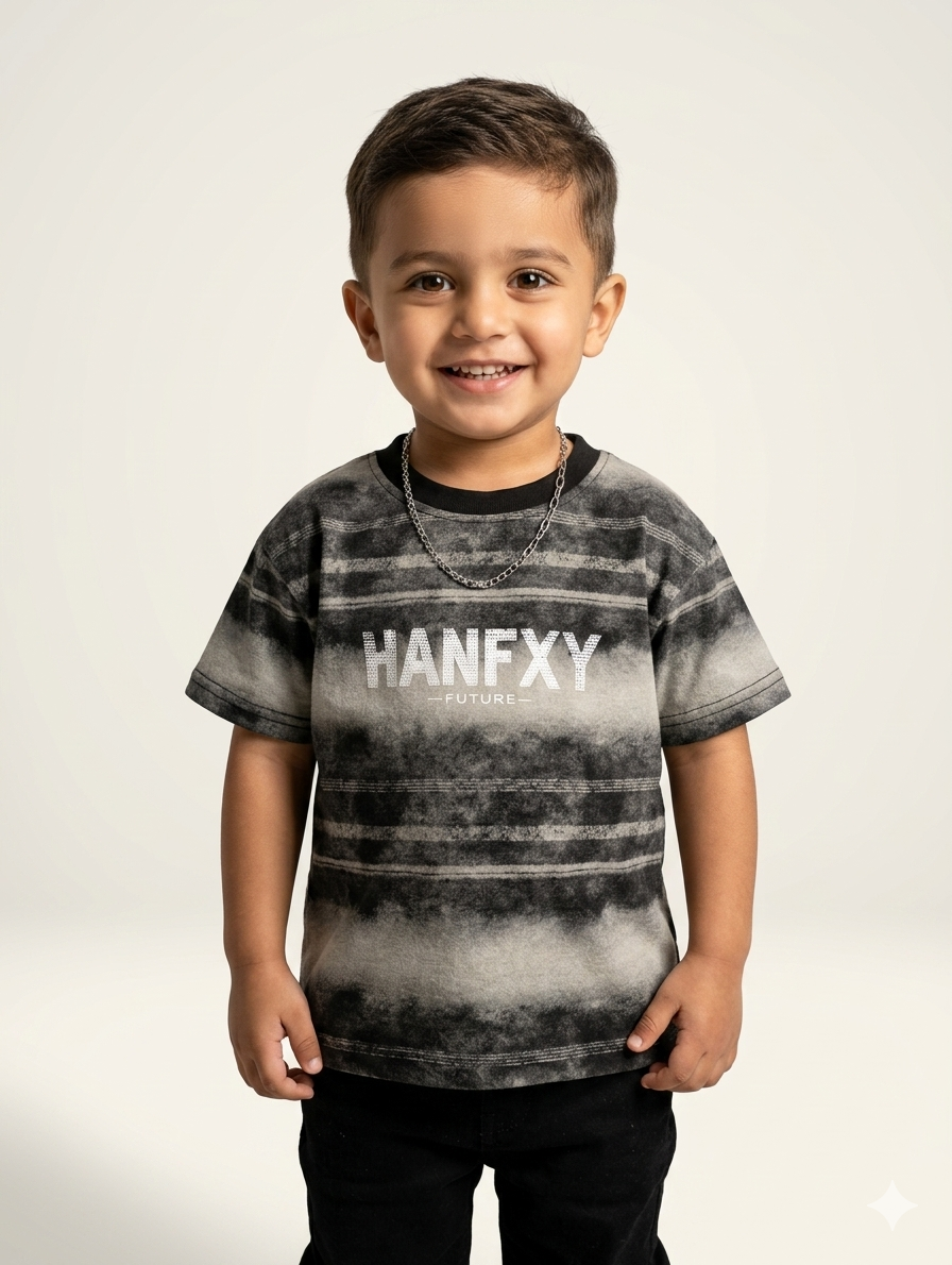 Boys' HANFXY "Future" Striped Graphic Tee – Trendy Gray & Black Urban Streetwear T-Shirt