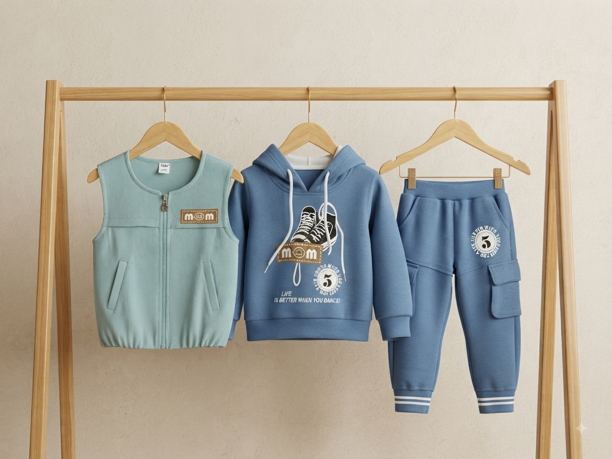 Stylish Kids Blue Zipper Vest Hoodie And Cargo Jogger Pants Three Piece Clothing Set