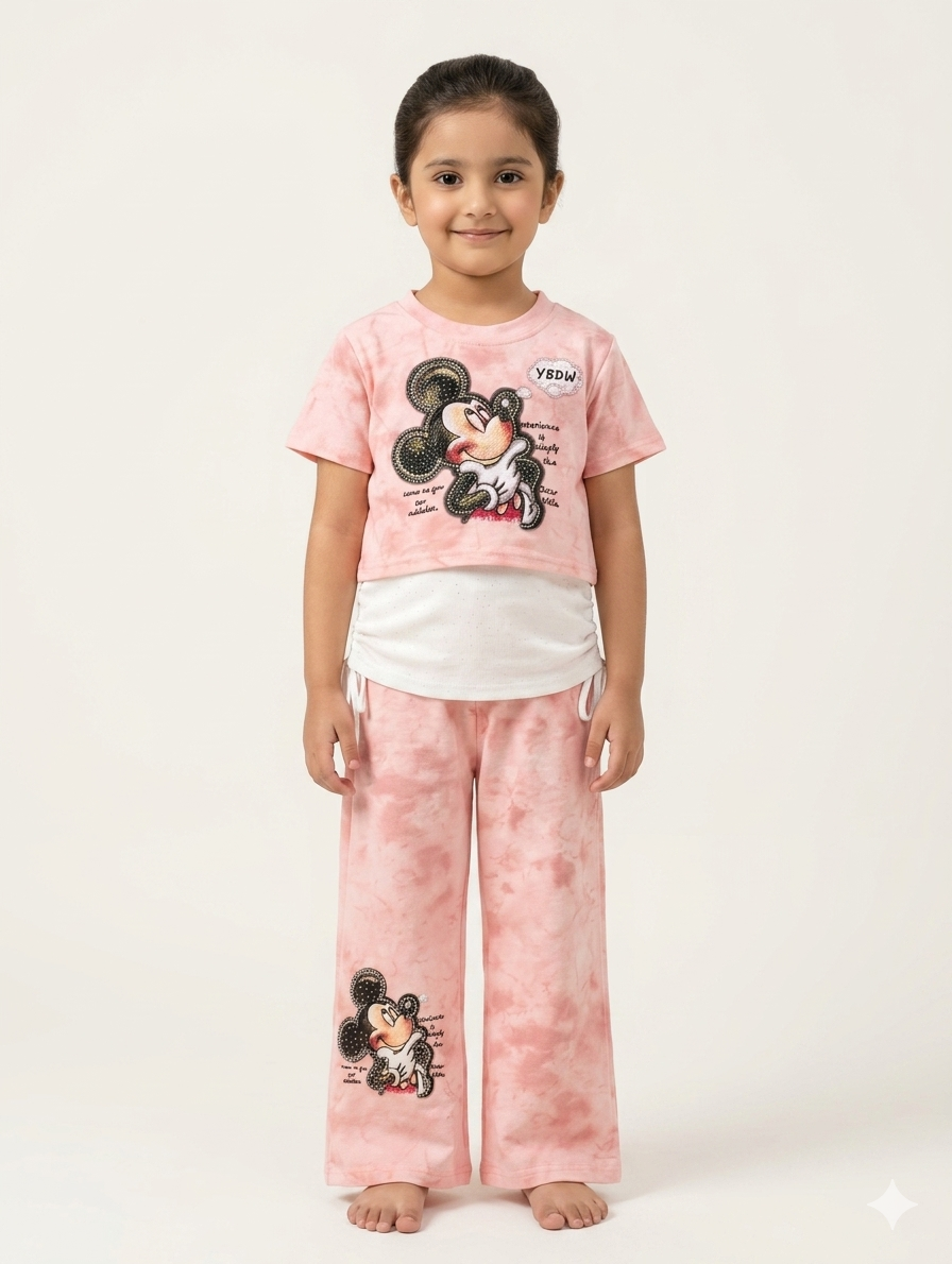 Girls Tie Dye Mickey Mouse Three Piece Coord Set with Layered Top and Wide Pants