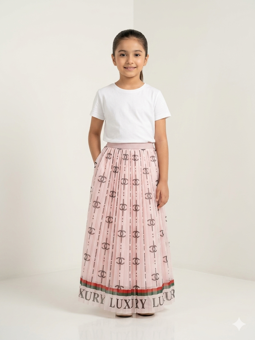 Girls Elegant Luxury Monogram Pleated Long Skirt with Designer-Style Border