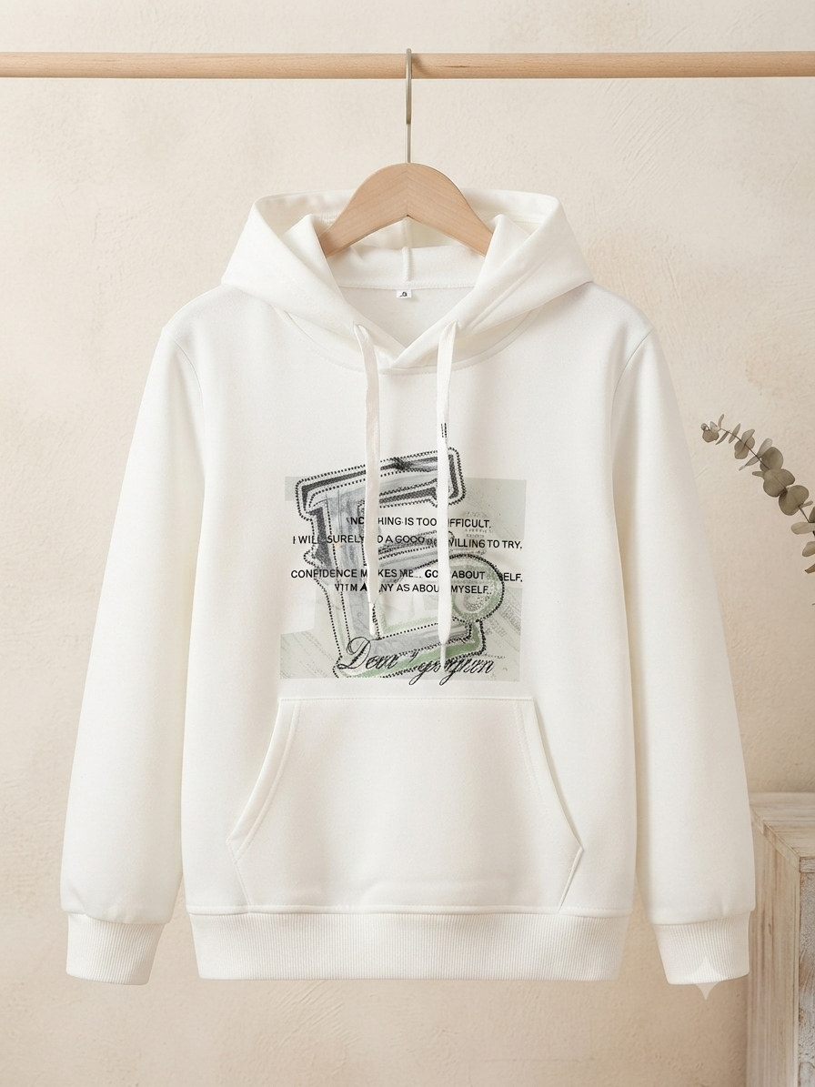 Kids Stylish Graphic Printed Fleece Winter Hoodie With Front Pocket And Adjustable Drawstrings