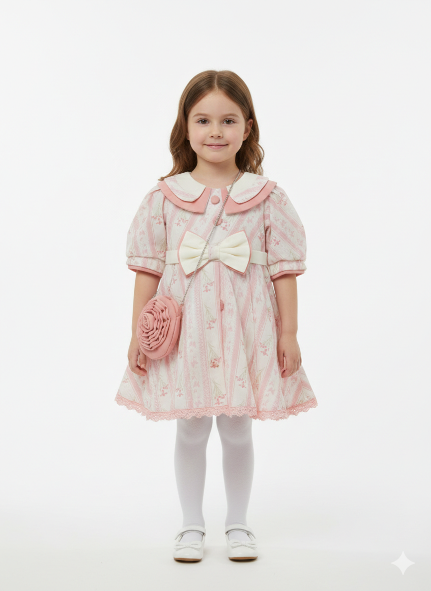 Girls' Vintage Floral Tea Party Dress with Peter Pan Collar and Matching Rose Purse