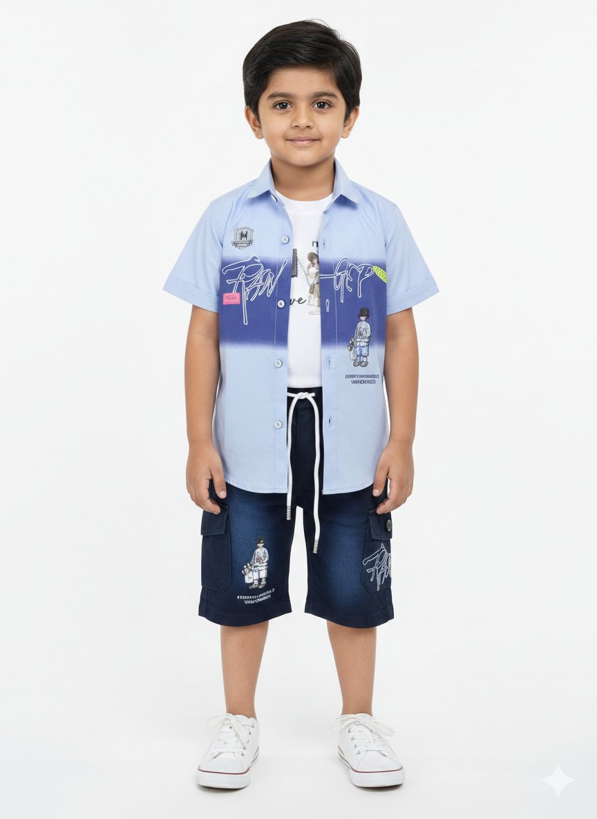 Boys Cool Blue Summer Set: Graphic Shirt & Navy Cargo Shorts