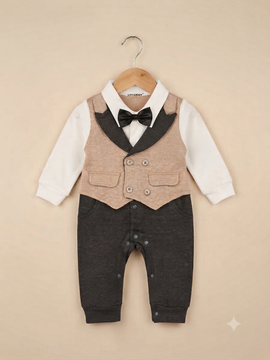 Elegant Gentleman Baby Boy Romper with Attached Waistcoat, White Shirt, and Cute Bowtie