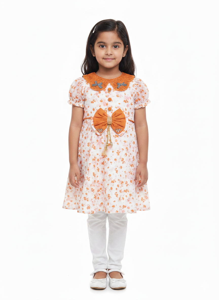 Girls' Floral Puff-Sleeve Frock with Oversized Bow Detail and Matching White Slim-Fit Trousers