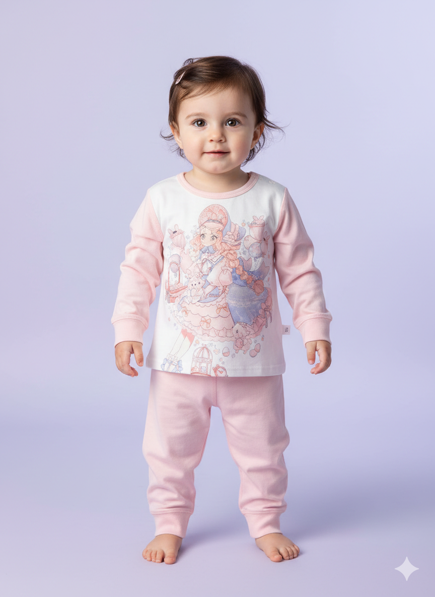 Sweet Pink Long Sleeve Anime Princess Baby Pajama Set With Soft Cotton Matching Jogger Pants