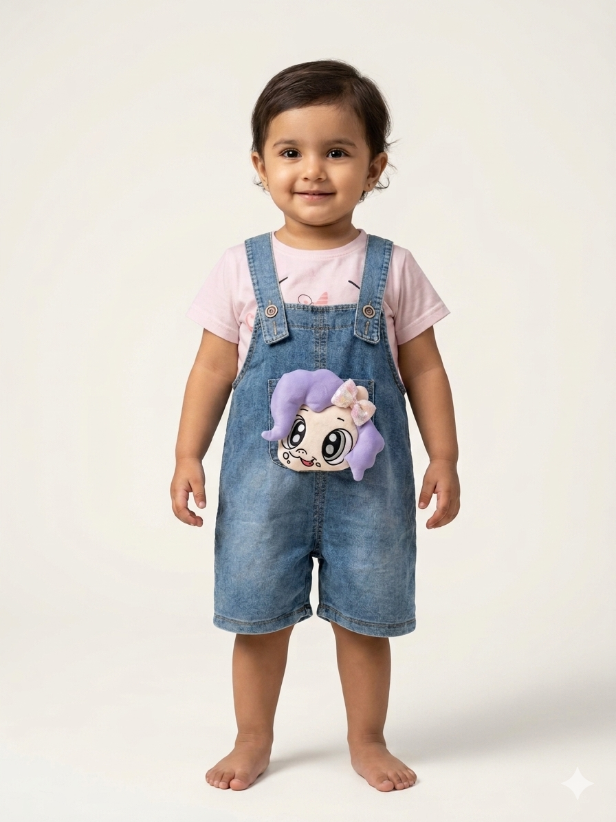 Trendy Denim Dungarees for Girls: Cute Cartoon Patch Design for Stylish Playtime