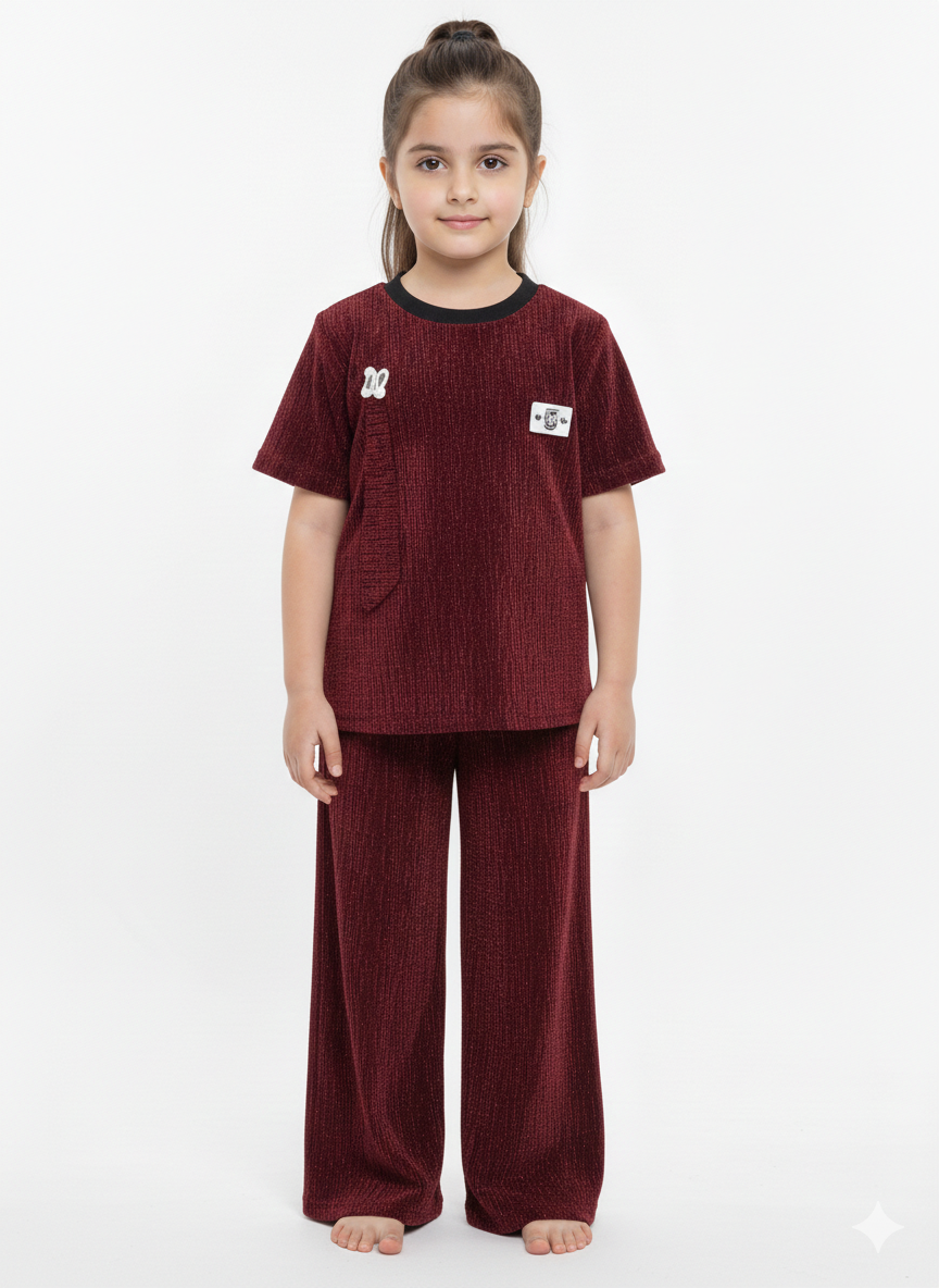 Girls Sparkle Ribbed Knit Tee and Wide Leg Pant Set - Elegant Two-Piece Shimmer Outfit