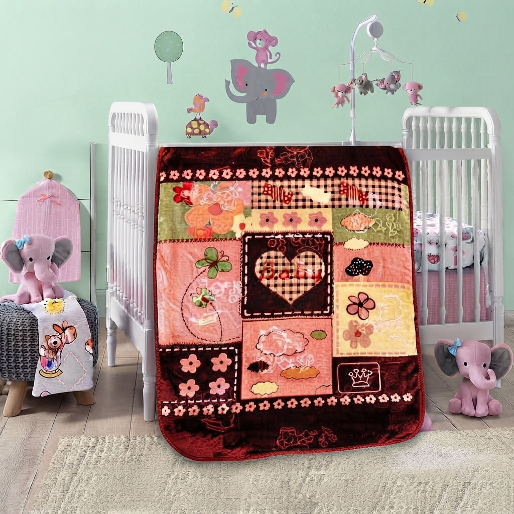 Premium Dark Red Patchwork Heart Print Soft Flannel Baby Blanket For Cozy Nursery Bedding
