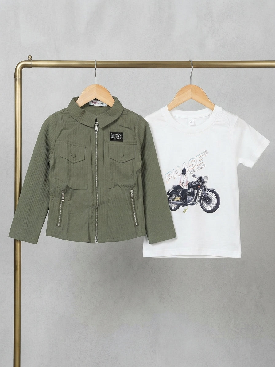 Boys Stylish Textured Grey Zip Jacket And Matching White Graphic T-Shirt Outfit Set