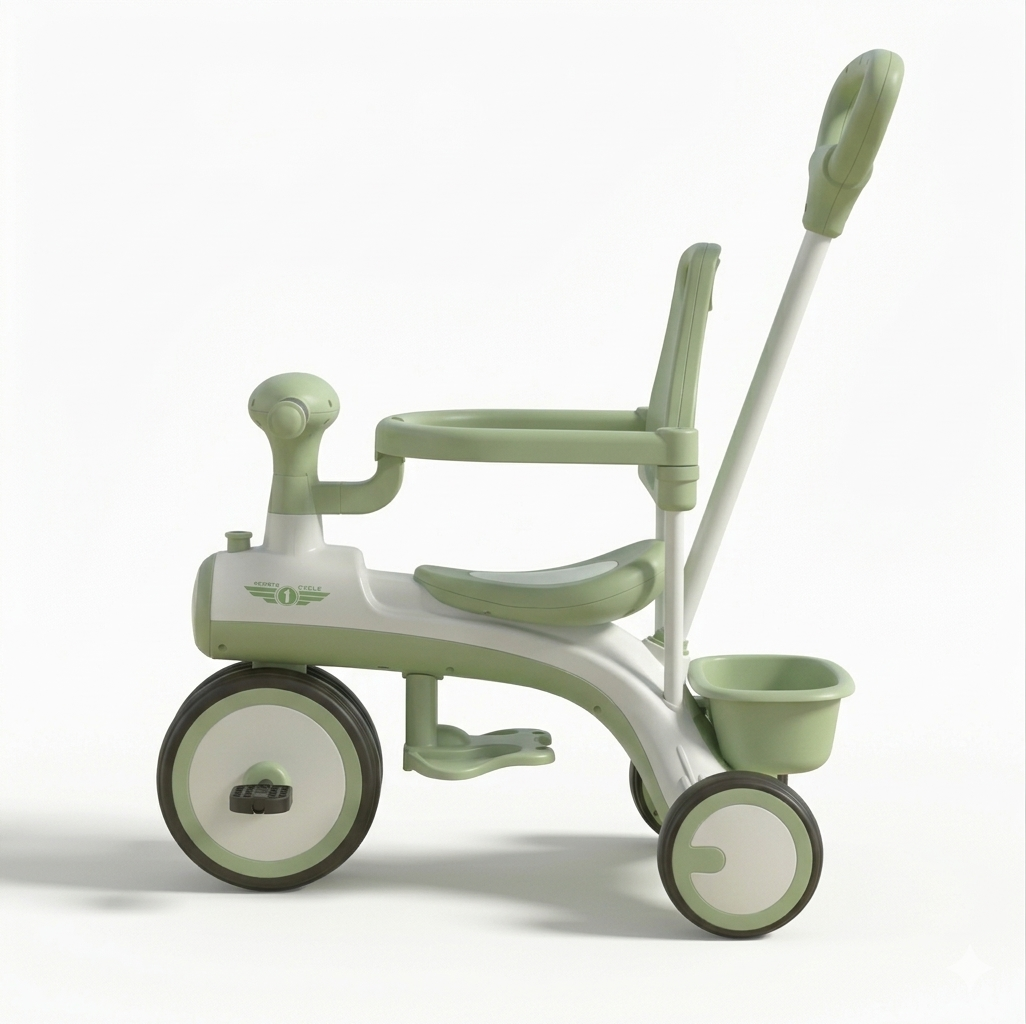 Modern 3-in-1 Sage Green Toddler Tricycle with Adjustable Push Handle and Safety Guard Rail