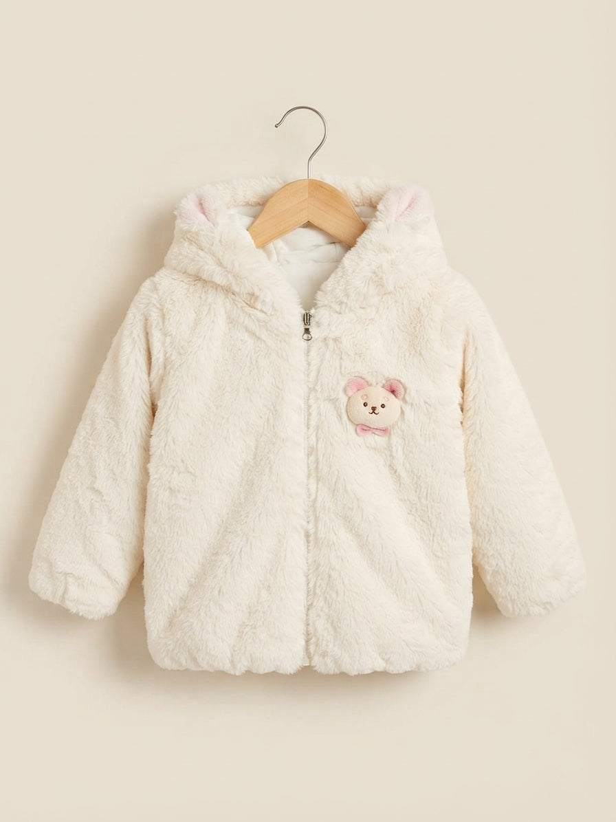 Kids Cute Bear Ear Hooded Faux Fur Zip Up Jacket Winter Warm Coat