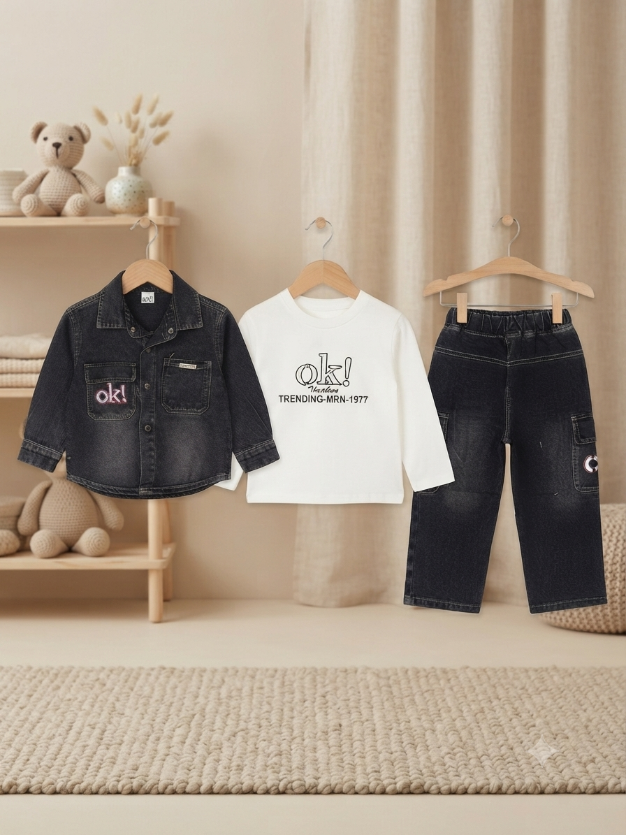 Kids Stylish 3-Piece Denim Jacket, T-Shirt & Jeans Outfit Set