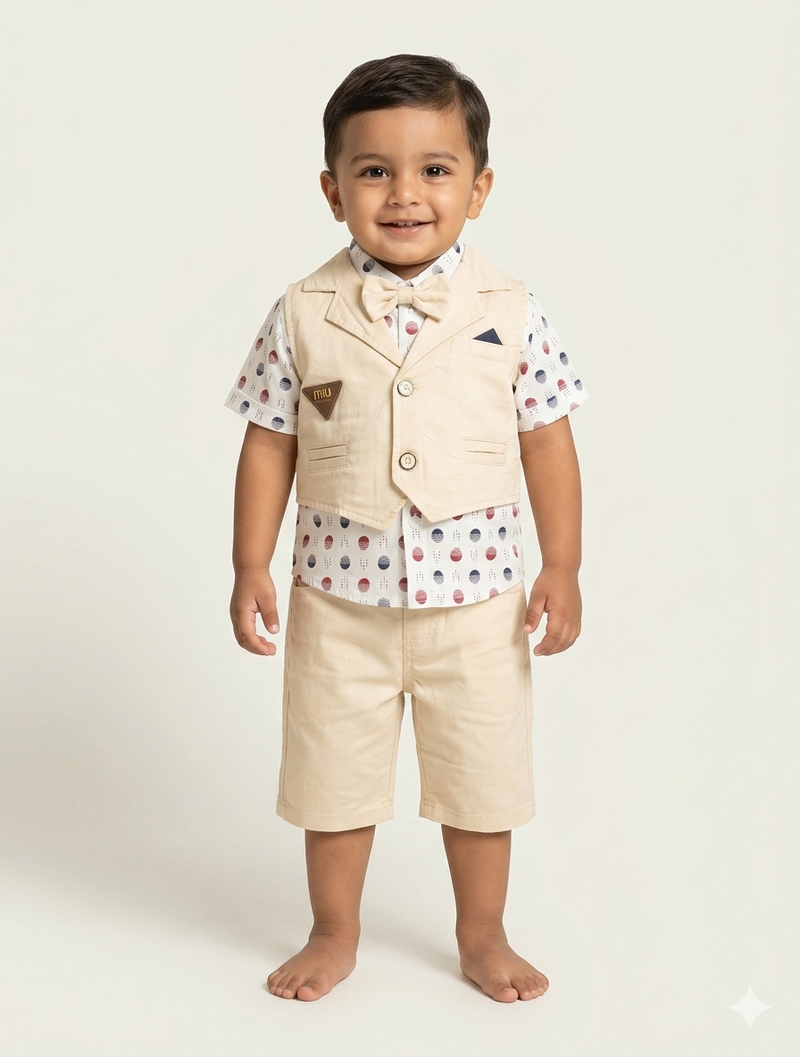 Little Boys Dapper Three-Piece Suit Set with Printed Shirt and Matching Bow Tie