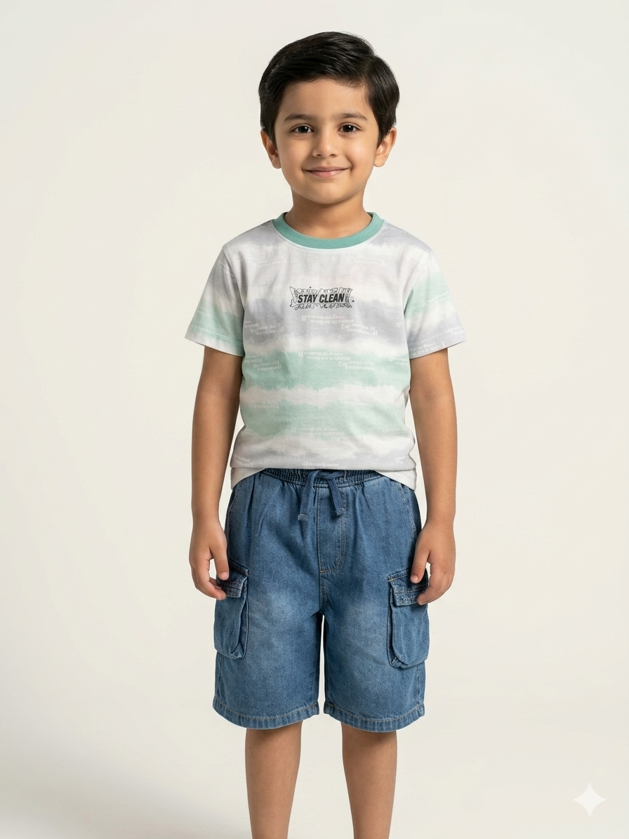 Boys Stay Clean Tie Dye Tee and Denim Cargo Shorts Two Piece Summer Outfit Set