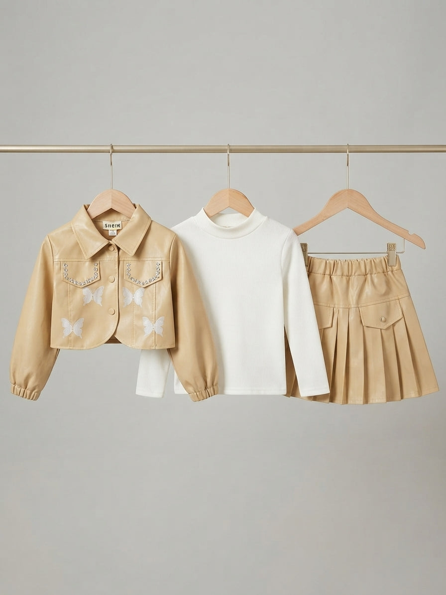 Stylish Kids Three Piece Outfit Set With Butterfly Faux Leather Jacket And Skirt