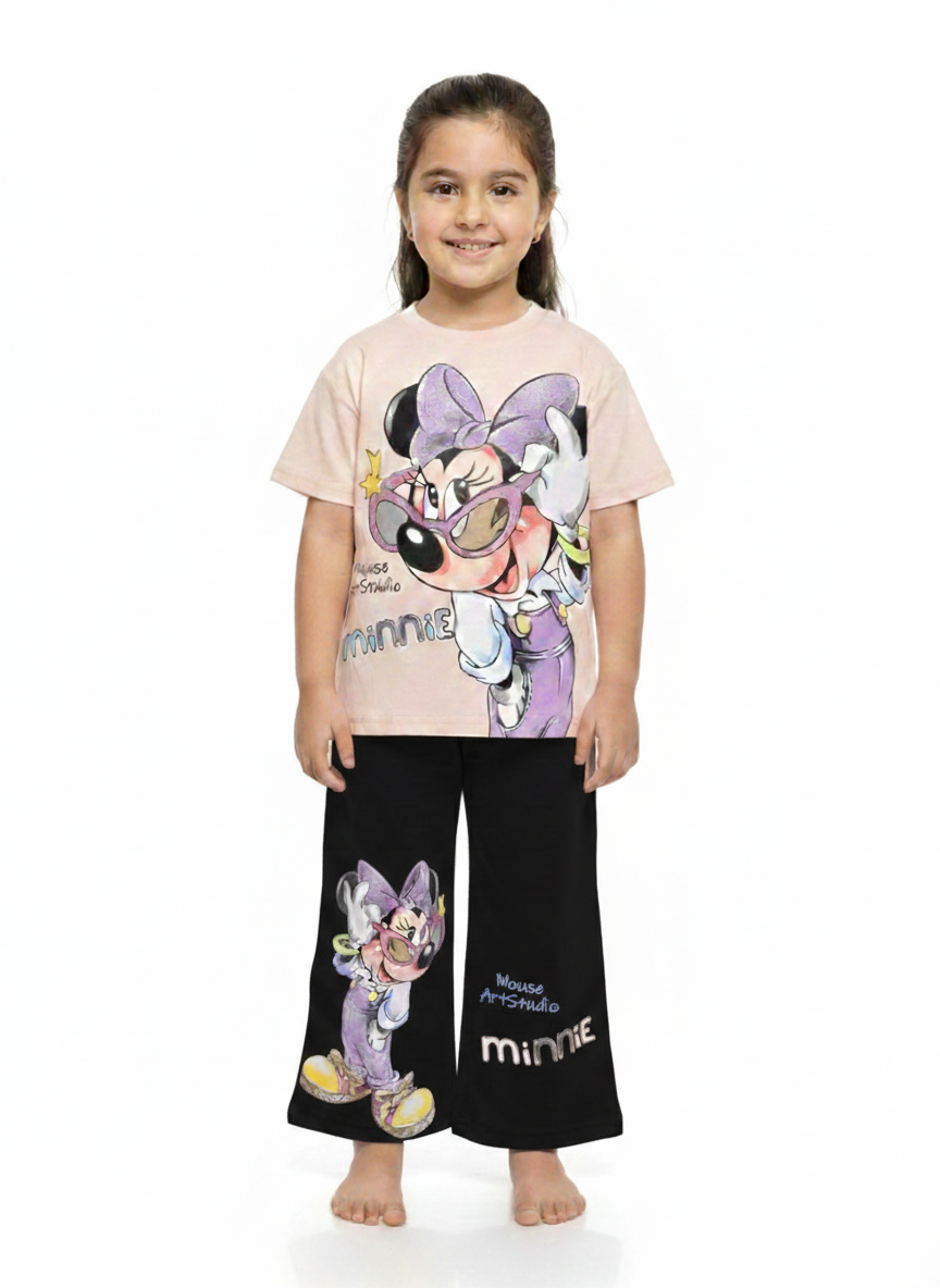 Girls Fun Cartoon Graphic T-Shirt and Wide Leg Pant Two Piece Set in Three Colors