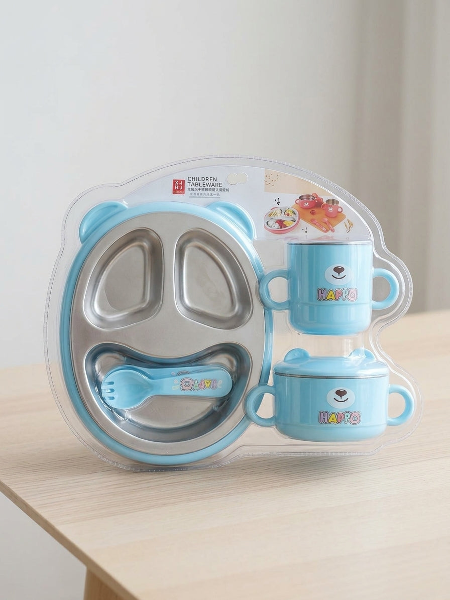 Kids Cute Teddy Bear Compartment Feeding Set Plate Bowl Cup Spoon Fork Set