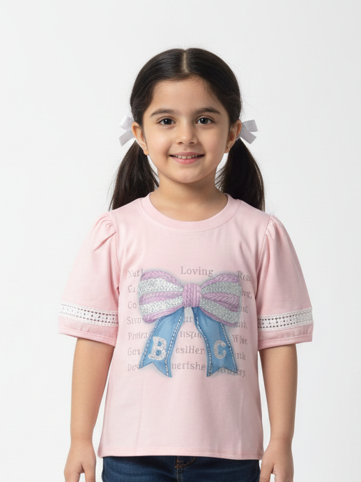 Girls Elegant Puff Sleeve Bow Graphic Tee with Lace Trim in Three Pretty Pastels