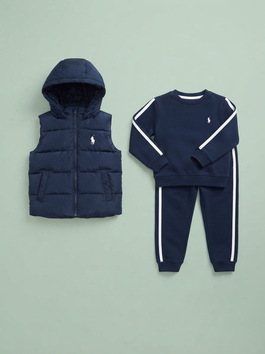 Navy Blue Aur Off-White Kids Winter Tracksuit Aur Puffer Vest Combo Set
