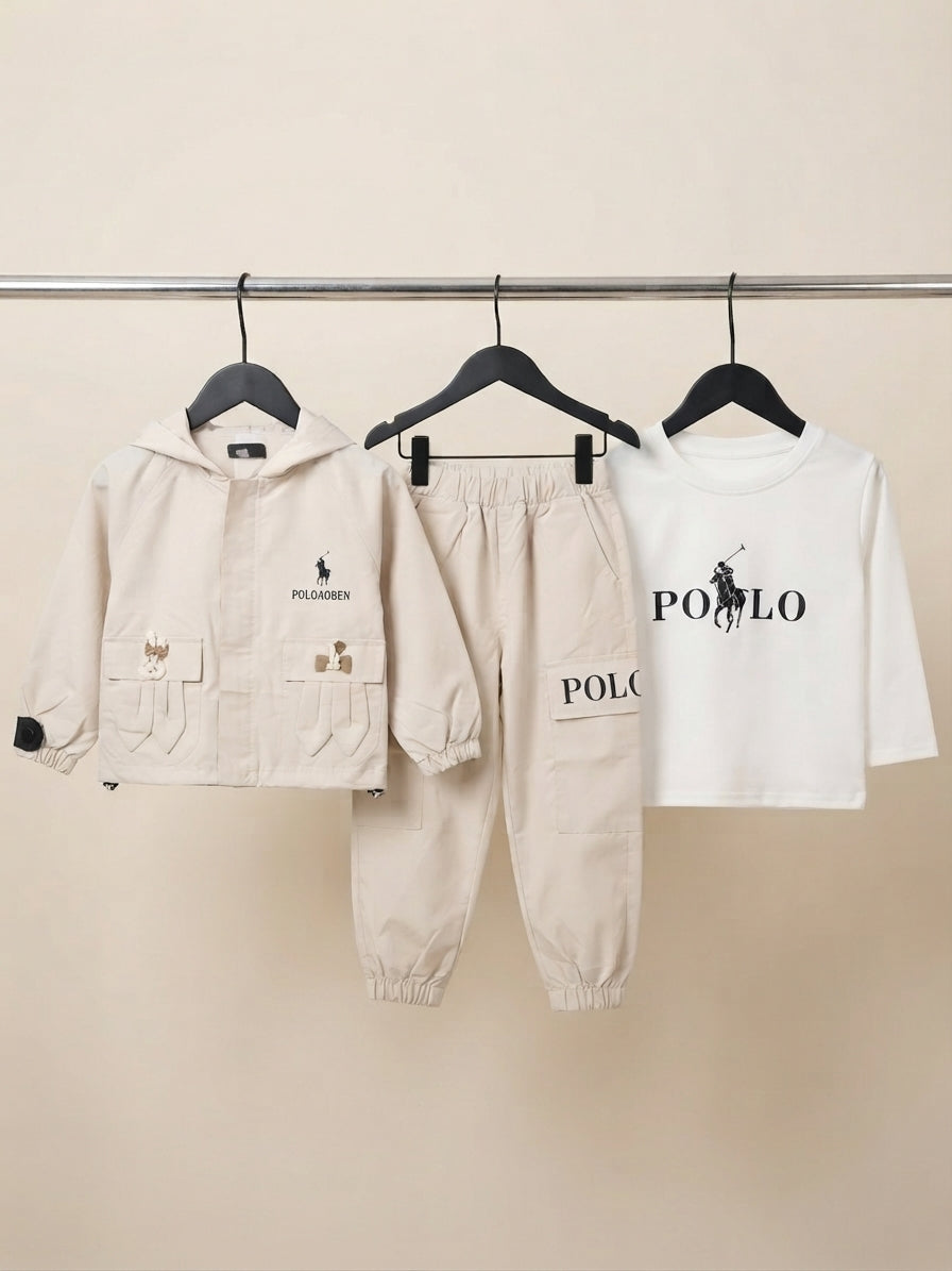 Kids stylish three piece winter outfit set featuring jacket shirt and cargo trousers
