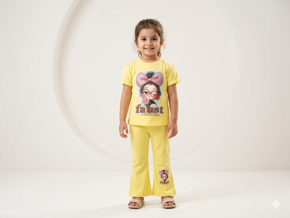 Girls' Faust Graphic Puff Sleeve T-Shirt and Flared Pants Two-Piece Summer Casual Set