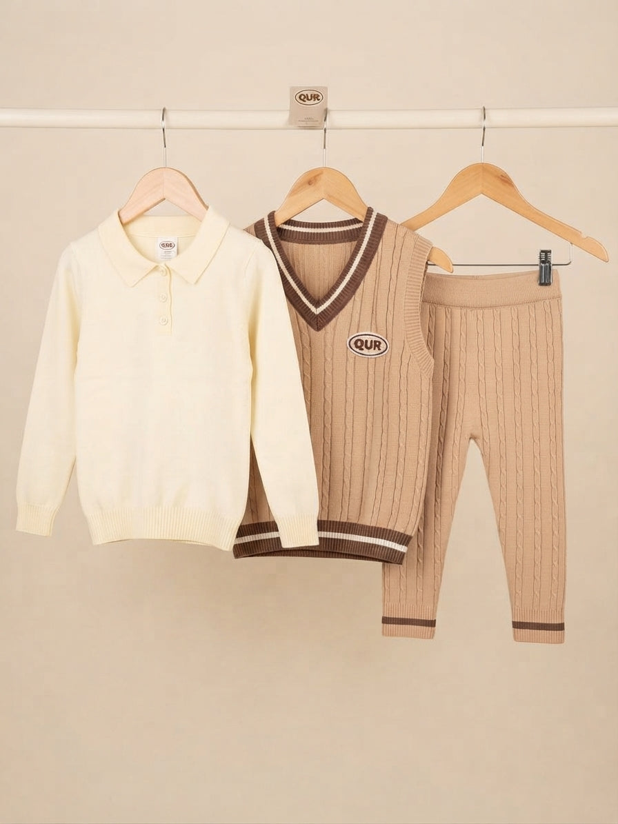 Trendy Kids Knitwear Three Piece Outfit Set With Polo Shirt Sweater Vest And Trousers