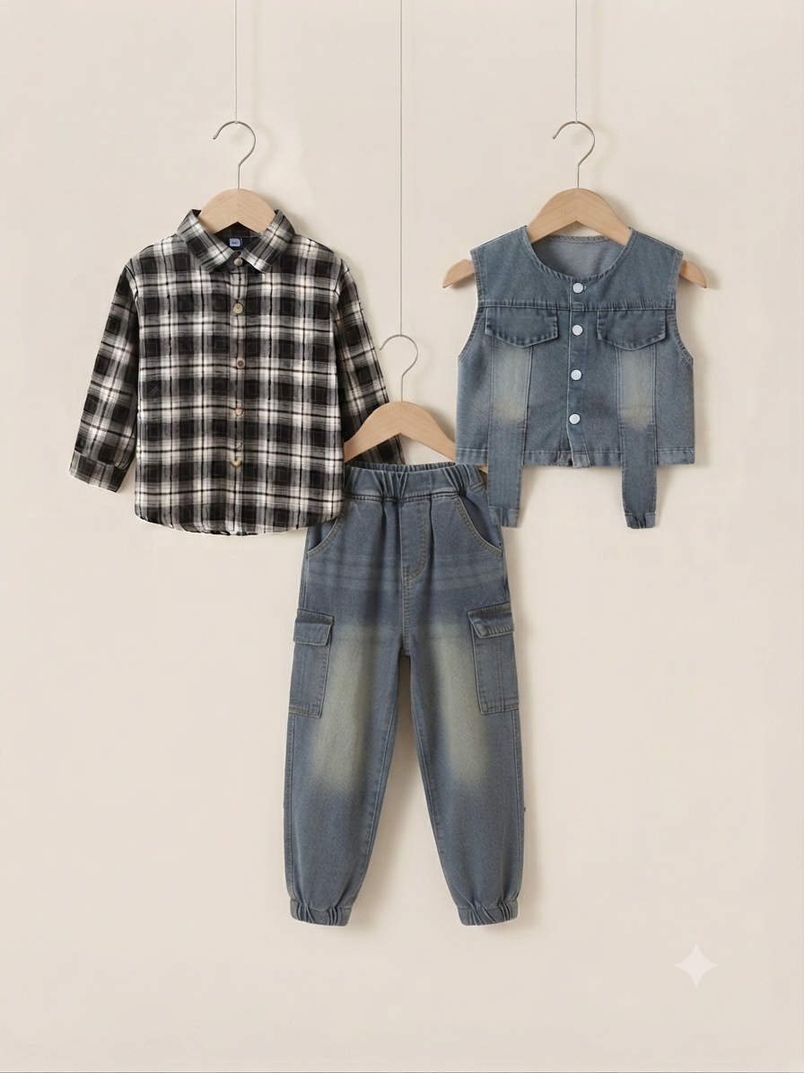 Stylish Kids 3-Piece Outfit Set With Denim Vest Plaid Shirt And Cargo Pants