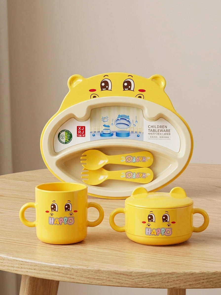 Kids Stainless Steel Compartment Dinnerware Set With Cup Bowl Spoon Fork Feeding Set