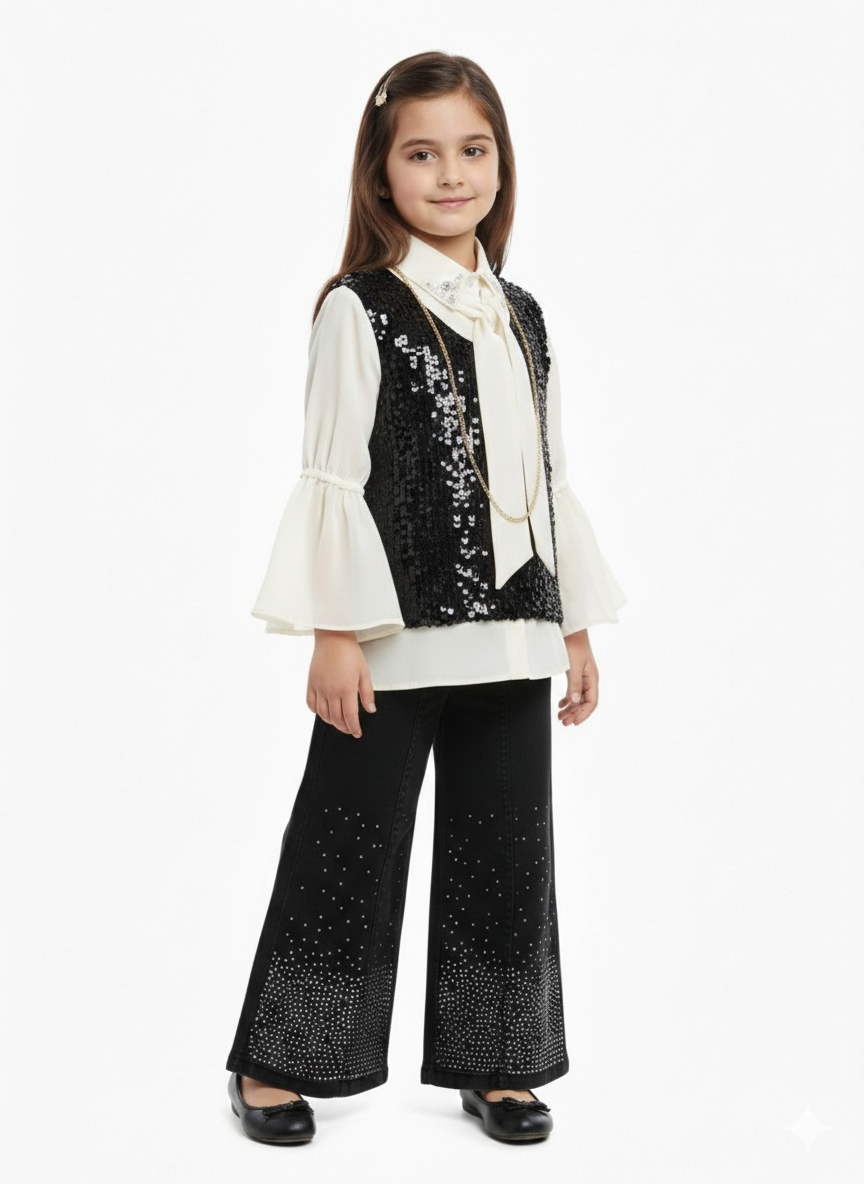 Girls Sequin Fringe Vest and Sparkle Flare Pants Three-Piece Party Outfit Set in Blue