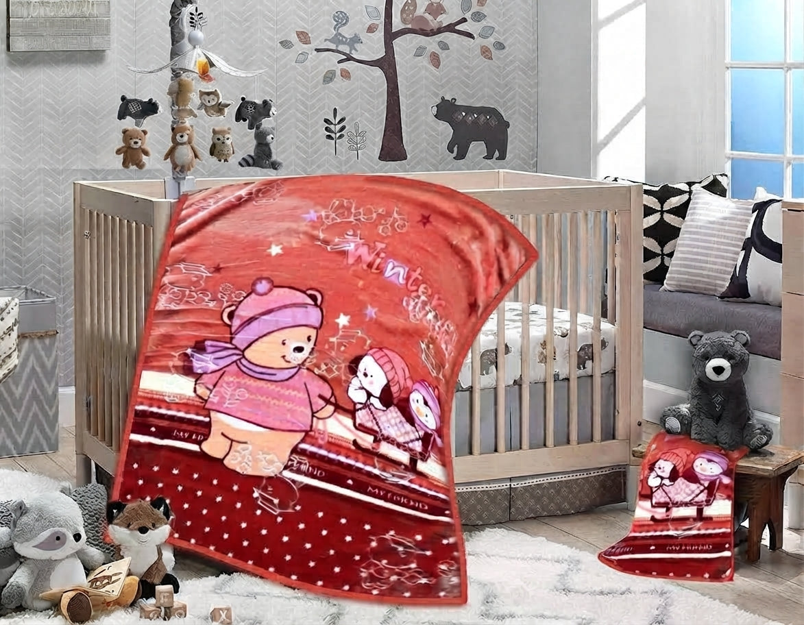 Cute Green Winter Friends Sledding Print Soft Flannel Baby Blanket For Cozy Nursery Bedding