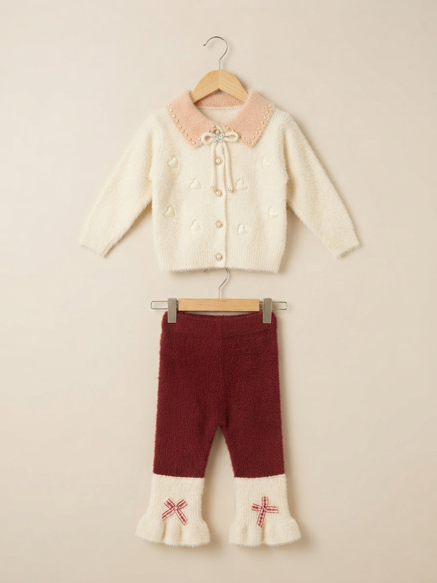 Cozy Girls Pearl Collar Fuzzy Cardigan and Ruffled Bow Pants Winter Outfit Set