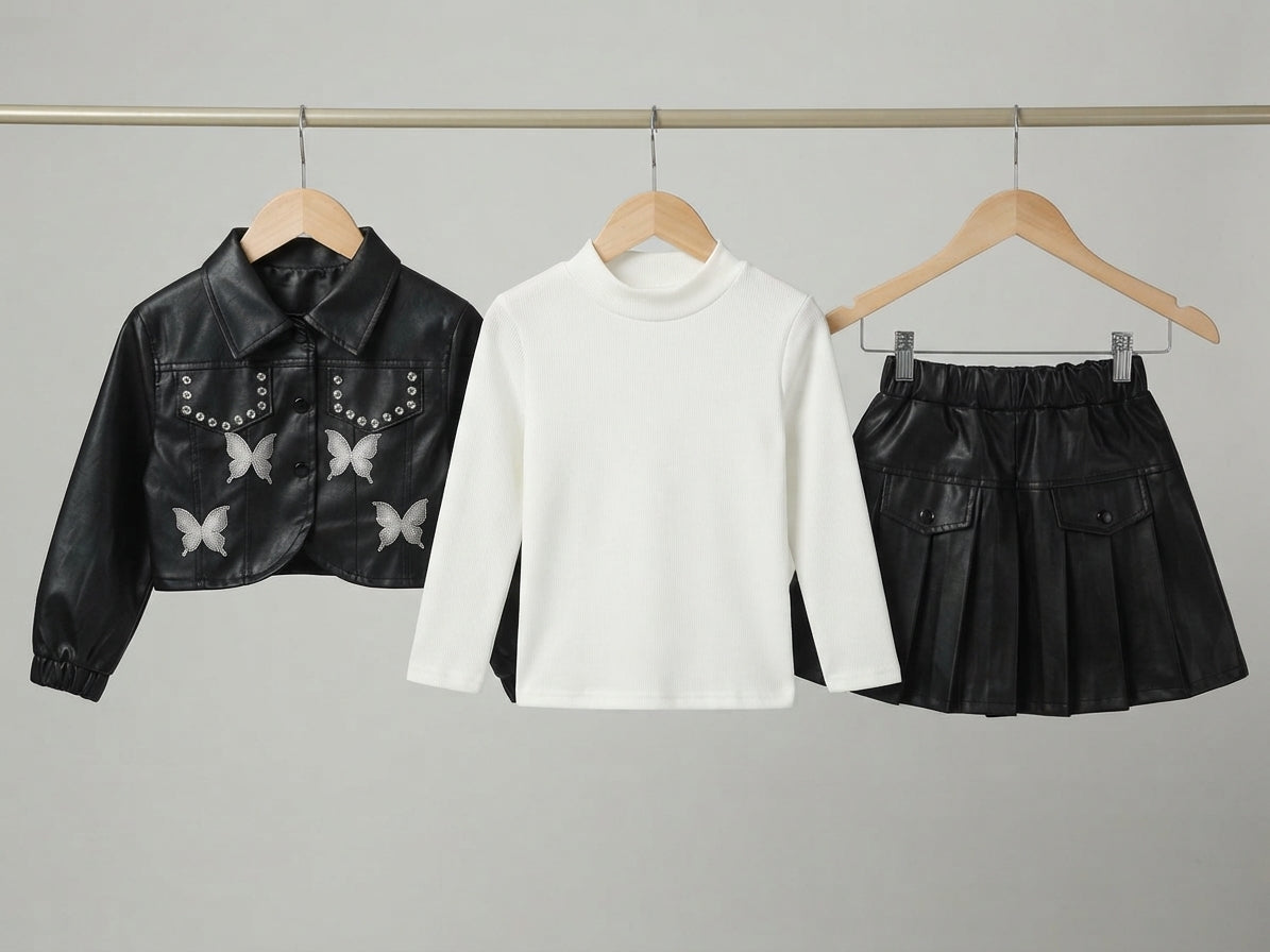 Stylish Kids Three Piece Outfit Set With Butterfly Faux Leather Jacket And Skirt